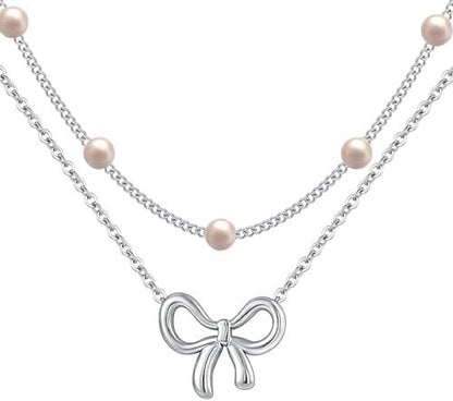 Pearl Double Layer Choker — Gold Bow Pendant