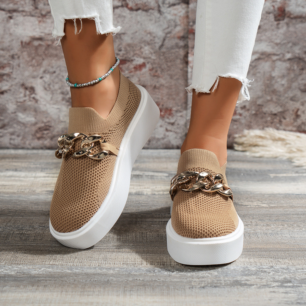 Chain-Detail Flats — Breathable Mesh Women's Shoes