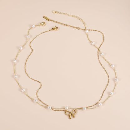 Pearl Double Layer Choker — Gold Bow Pendant
