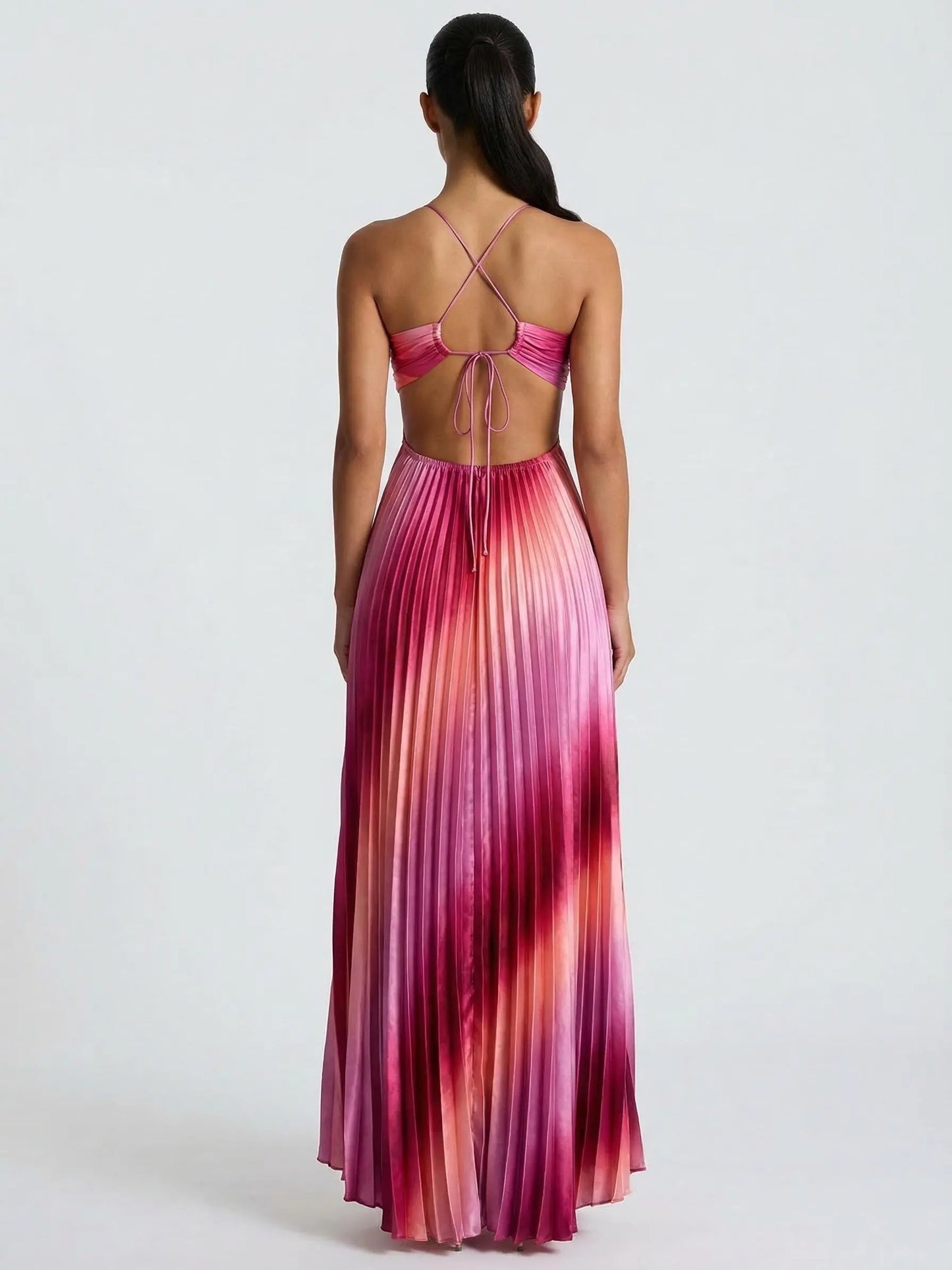 Likemychoice 2026 Ombre Pink Pleated Maxi Dress Halter Cut Out Vacation Dress for Women Casual Womenswear
