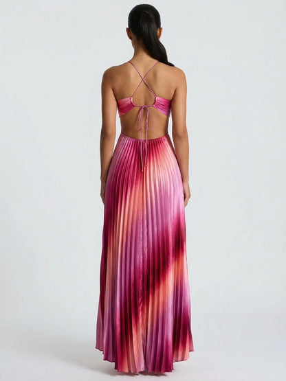 Likemychoice 2026 Ombre Pink Pleated Maxi Dress Halter Cut Out Vacation Dress for Women Casual Womenswear