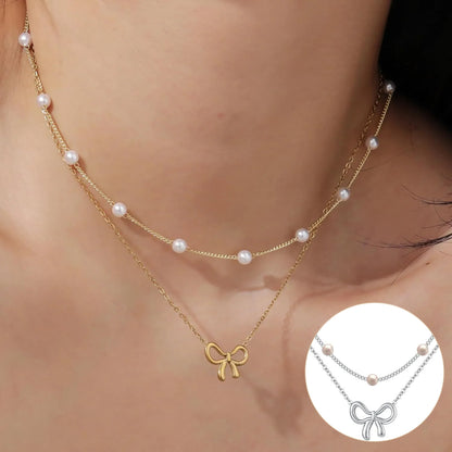 Pearl Double Layer Choker — Gold Bow Pendant