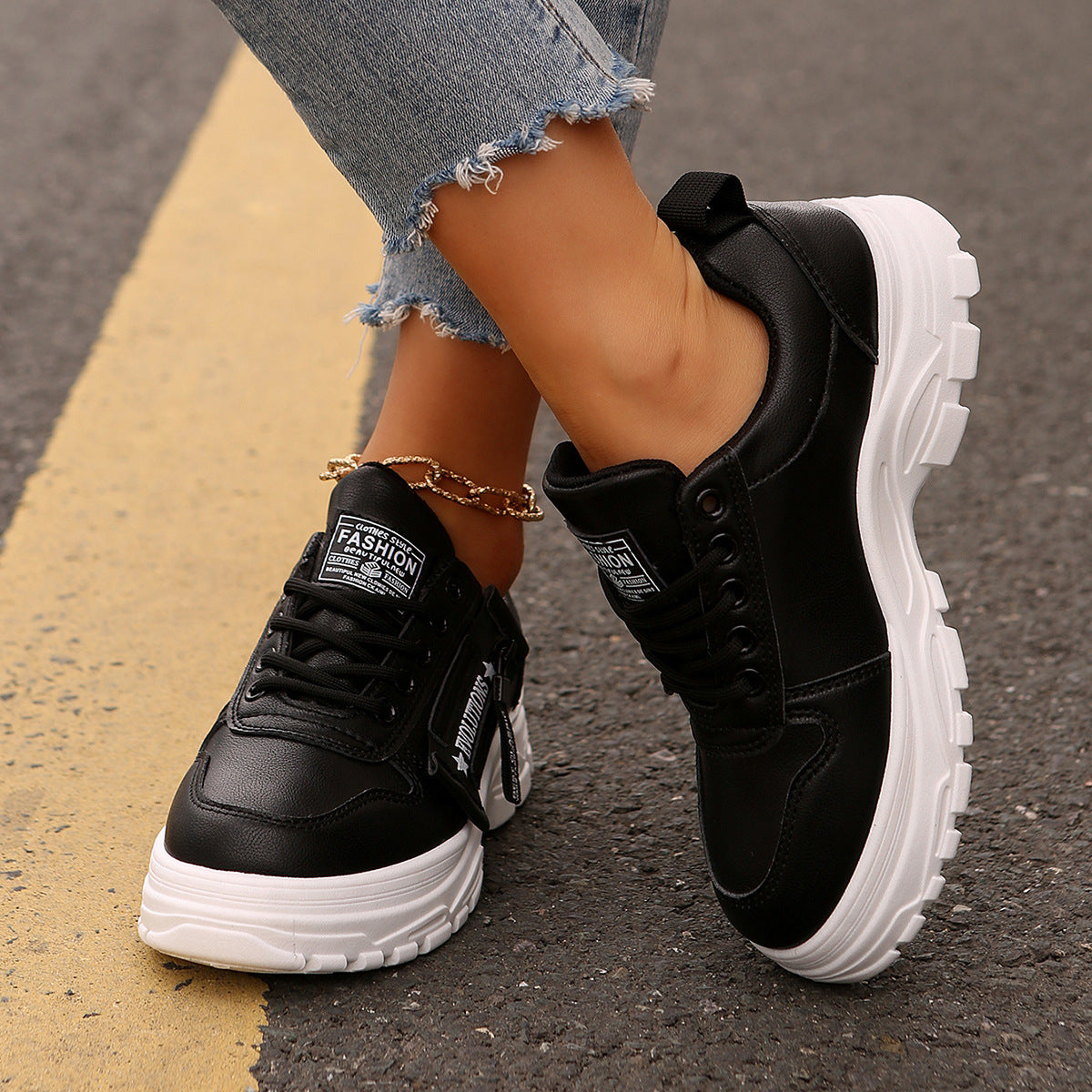 Thick-Sole Lace-Up Sneakers — Side Zipper