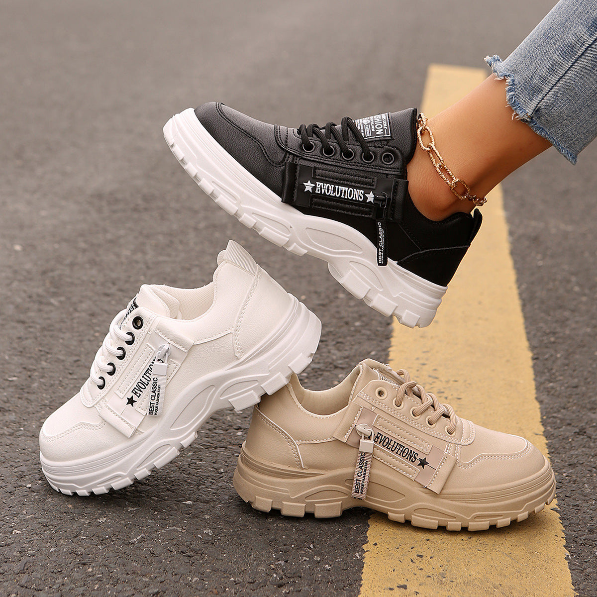 Thick-Sole Lace-Up Sneakers — Side Zipper