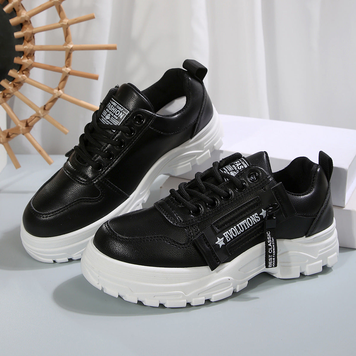 Thick-Sole Lace-Up Sneakers — Side Zipper