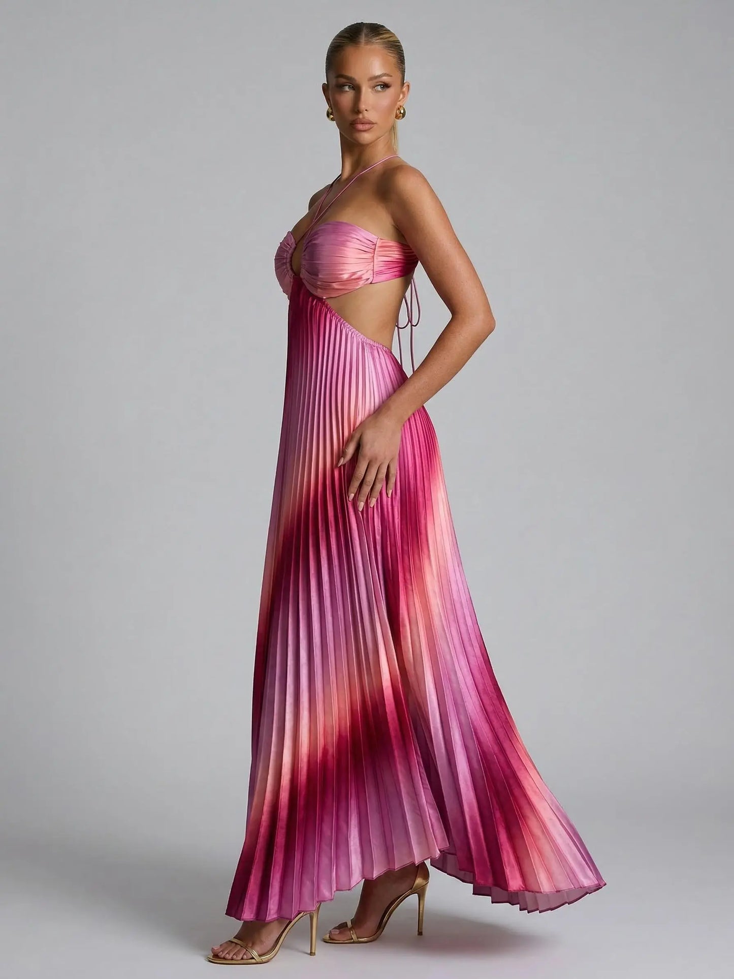 Likemychoice 2026 Ombre Pink Pleated Maxi Dress Halter Cut Out Vacation Dress for Women Casual Womenswear