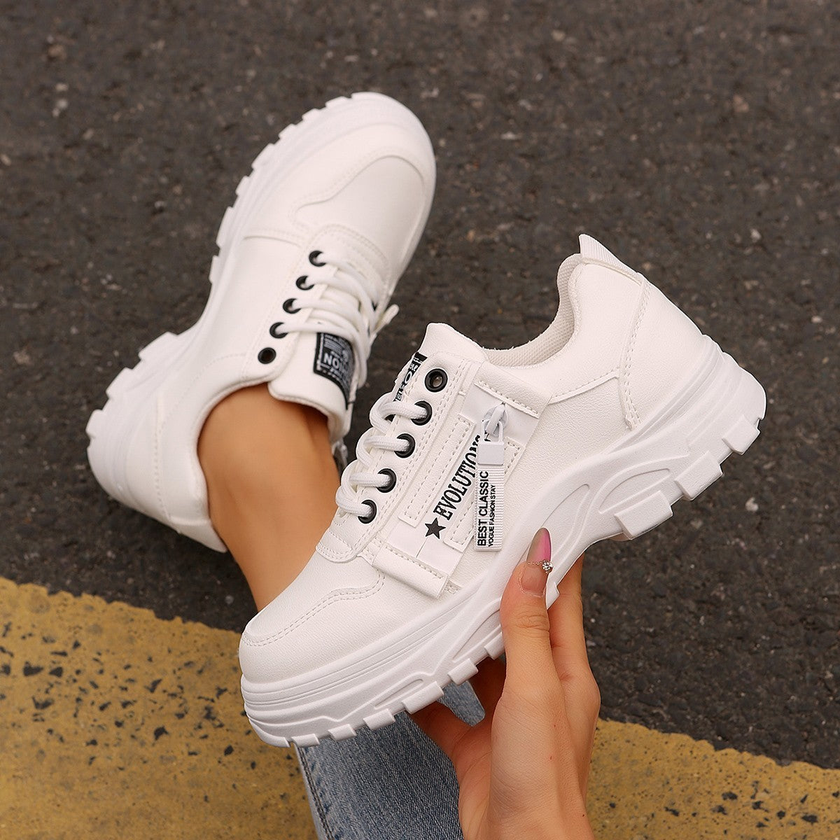 Thick-Sole Lace-Up Sneakers — Side Zipper