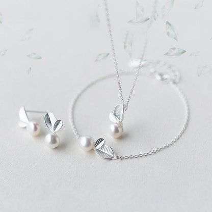 S925 Silver Young Leaf Pearl Set — Necklace, Earrings & Bracelet
