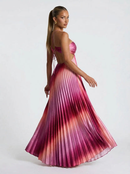 Likemychoice 2026 Ombre Pink Pleated Maxi Dress Halter Cut Out Vacation Dress for Women Casual Womenswear