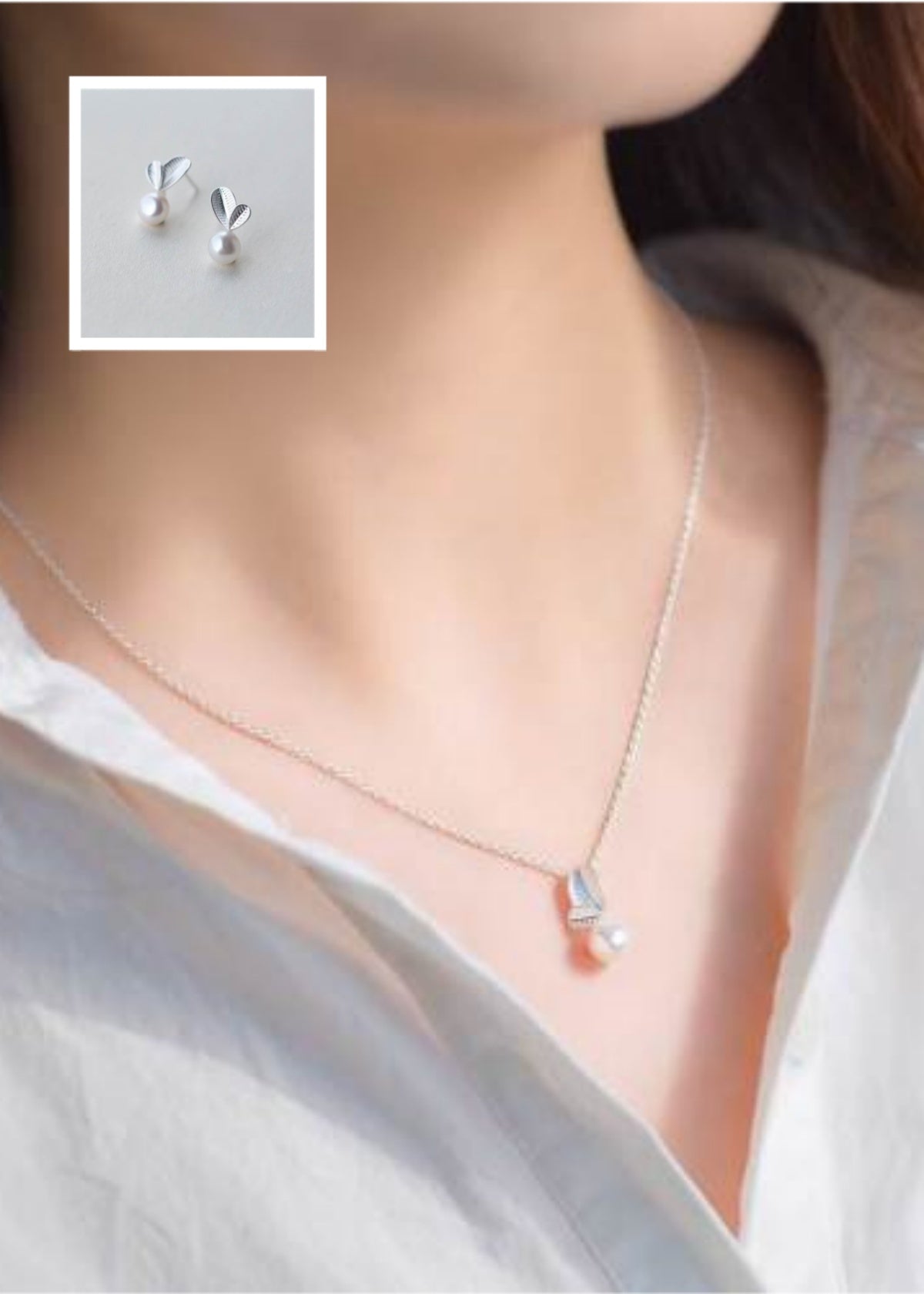 S925 Silver Young Leaf Pearl Set — Necklace, Earrings & Bracelet