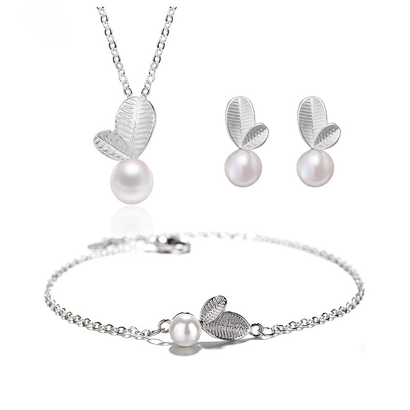 S925 Silver Young Leaf Pearl Set — Necklace, Earrings & Bracelet