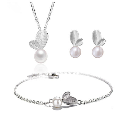 S925 Silver Young Leaf Pearl Set — Necklace, Earrings & Bracelet