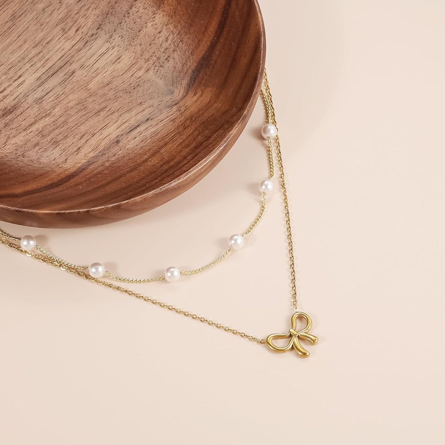 Pearl Double Layer Choker — Gold Bow Pendant