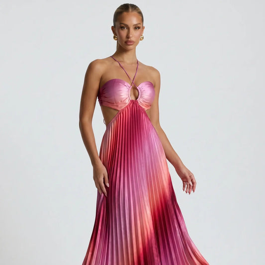 Likemychoice 2026 Ombre Pink Pleated Maxi Dress Halter Cut Out Vacation Dress for Women Casual Womenswear