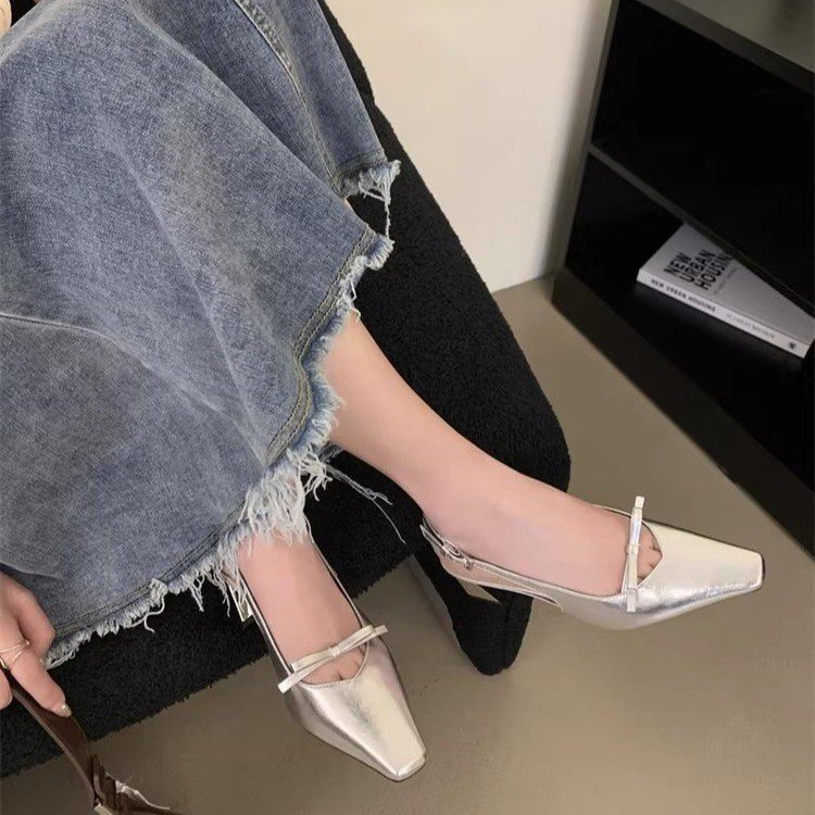 Silver Block Heel Sandals — Elegant Closed Toe