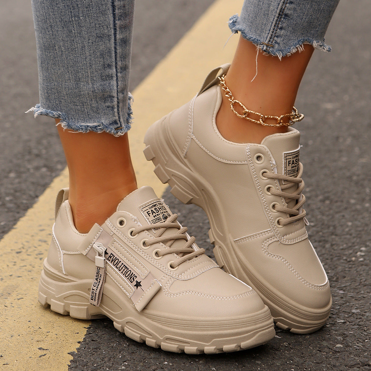 Thick-Sole Lace-Up Sneakers — Side Zipper