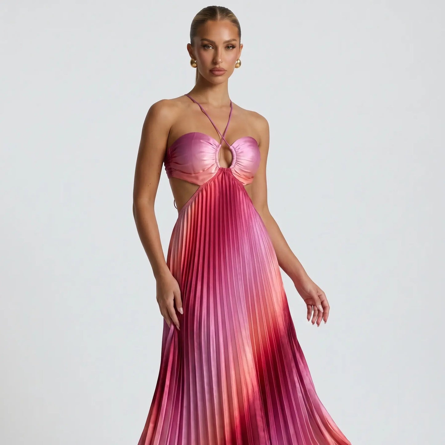 Likemychoice 2026 Ombre Pink Pleated Maxi Dress Halter Cut Out Vacation Dress for Women Casual Womenswear