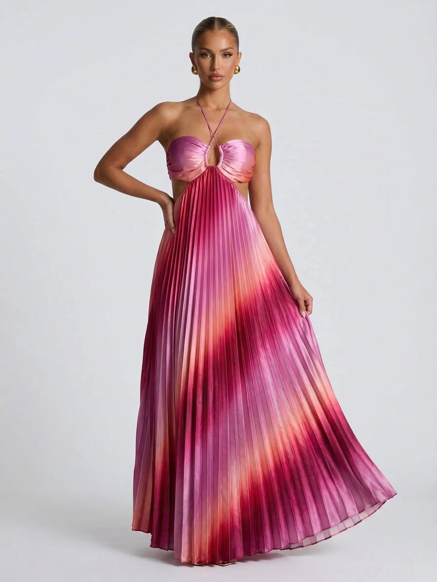 Likemychoice 2026 Ombre Pink Pleated Maxi Dress Halter Cut Out Vacation Dress for Women Casual Womenswear