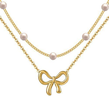 Pearl Double Layer Choker — Gold Bow Pendant