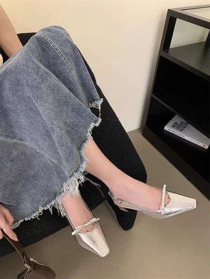 Silver Block Heel Sandals — Elegant Closed Toe
