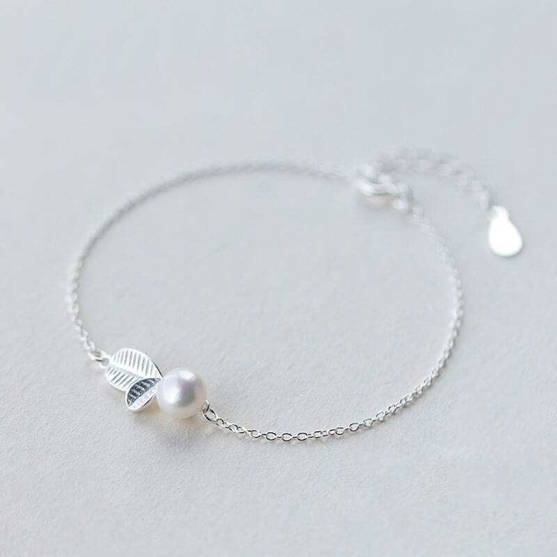 S925 Silver Young Leaf Pearl Set — Necklace, Earrings & Bracelet