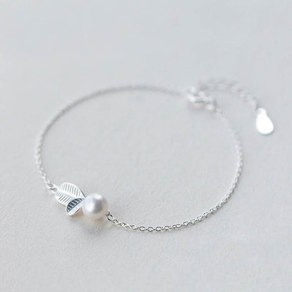 S925 Silver Young Leaf Pearl Set — Necklace, Earrings & Bracelet