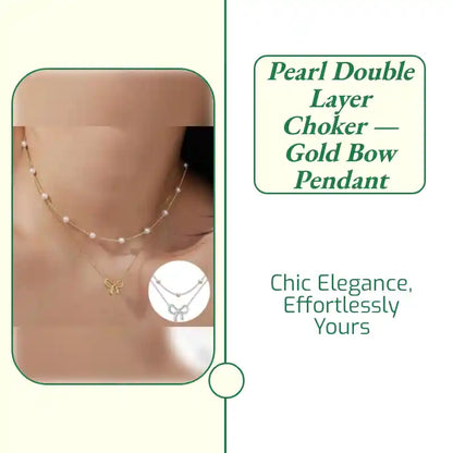 Pearl Double Layer Choker &mdash; Gold Bow Pendant by@Outfy